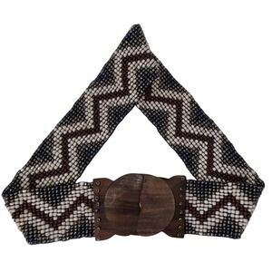 Vintage Style Beaded Stretch Belt Wood Buckle Boho Native Tribal Wide 32-34